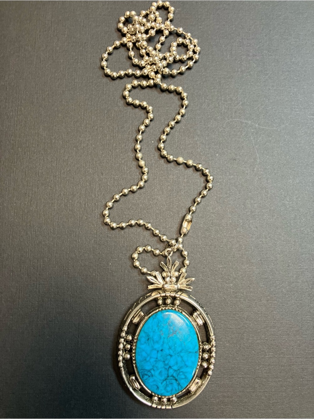 Silver-Tone Necklace with Bright Turquoise Oval Pendant